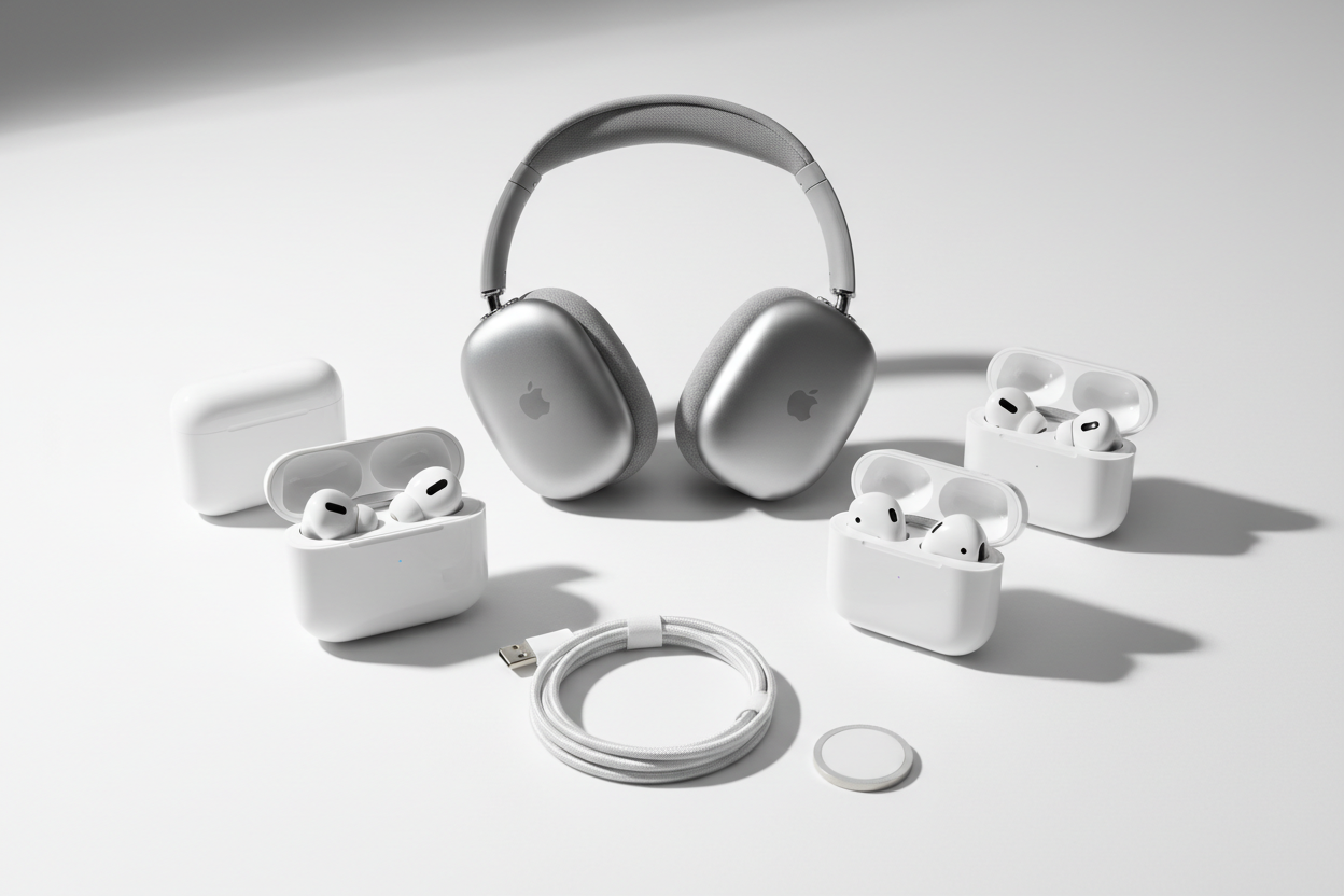 met tout les type d'airpods avec aussi le casque apple un chargeur usb c et un airtag 