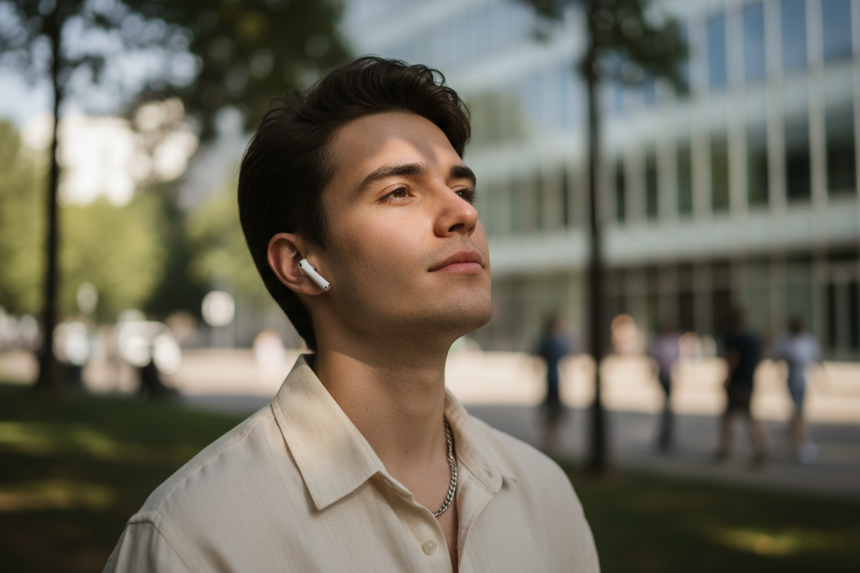 une personne avec des aipods aux oreilles